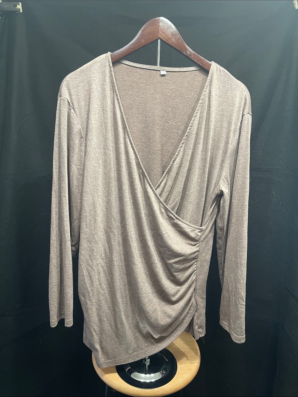 Draped Wrap-Front Long Sleeve Top in Taupe